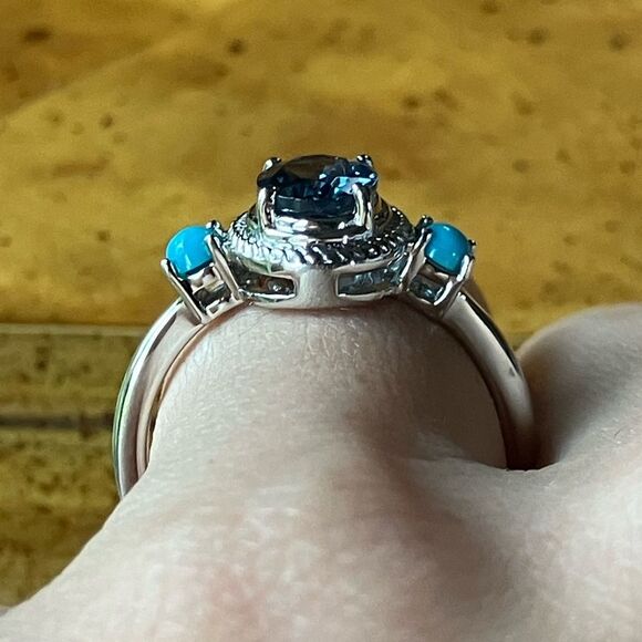 London Blue Topaz Sleeping Beauty Turquoise Sterling Silver Ring Size 8 - Picture 2 of 10